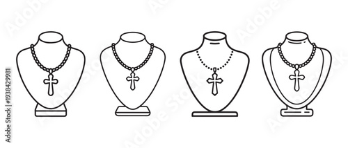 Minimalist line art icons of Christian cross necklaces on jewelry mannequins, symbolizing faith and accessories.