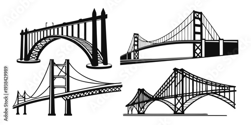 Iconic bridges from around the world depicted in a simple black and white illustration Vector