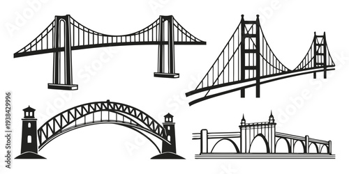 An illustration showcasing four distinct types of bridges with unique designs and structures. Vector