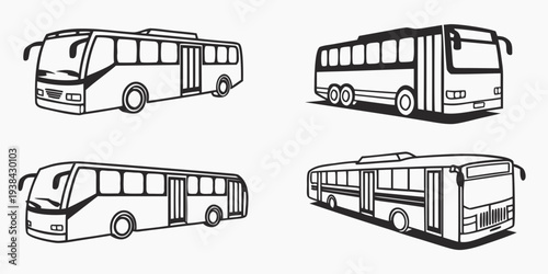 Four different types of buses illustrated in a simple black and white line drawing. Vector