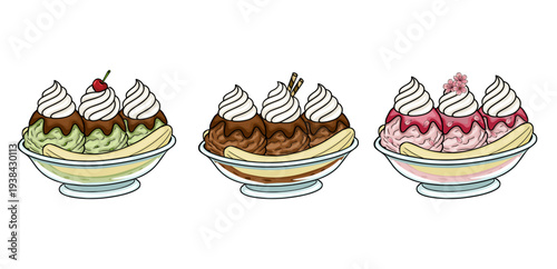 Set of three delicious banana split ice cream sundaes vector illustration