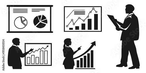Diverse professionals analyzing business data and financial charts. Vector