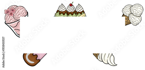 Delicious vector ice cream scoops and sundaes banner with cherry and flowers