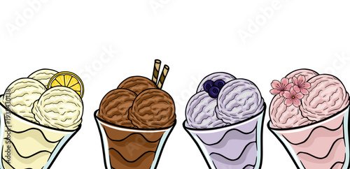 Delicious ice cream dessert vector banner with various flavors and toppings