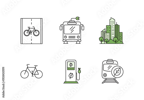 Sustainable Urban Transportation Icons Representing Eco Friendly City Mobility Concepts With Clean Energy Vehicles