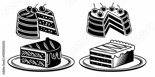 Four different types of cakes displayed on white plates with forks Vector