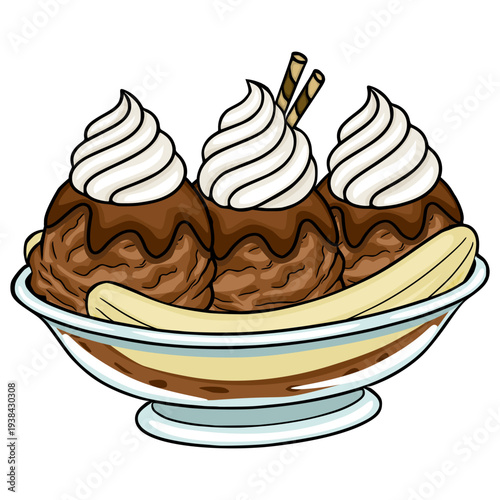 Delicious chocolate ice cream sundae vector illustration with whipped cream and wafers