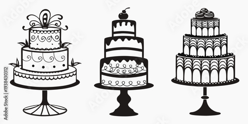 Three distinct cakes, each with its own unique design and toppings, displayed on white plates. Vector
