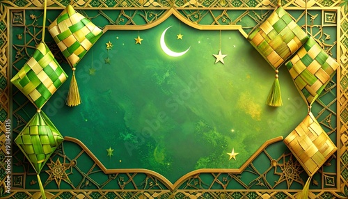 Empty center space for text, decorative border with Ketupat woven palm leaves, Islamic geometric patterns, crescent moon and stars, Eid al-Fitr theme, green and gold colors, festive Islamic background