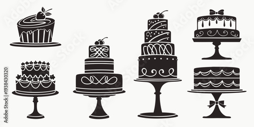 Assorted cakes displayed on cake stands in a row Vector