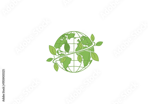 Green earth globe with entwining leaves suggesting environmental care and global conservation efforts concept