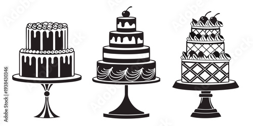 Three elegantly designed cakes showcasing different themes and decorations. Vector