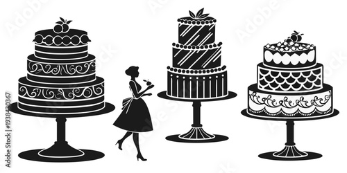 A woman in a dress admiring three large cakes on stands. Vector