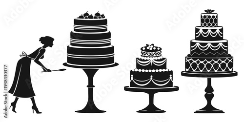 A woman admiring a variety of elegant cakes in a bakery Vector