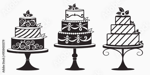 Three elegantly decorated cakes displayed on cake stands with intricate designs. Vector