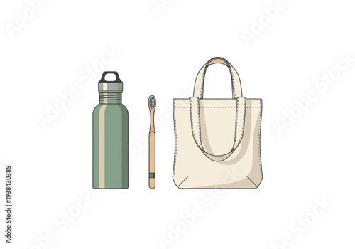 Set of reusable items for daily use including a water bottle a toothbrush and a canvas tote bag on a white background