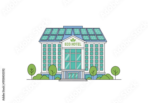 Modern Eco Hotel Building with Solar Panels on Roof and Greenery Outdoors for Sustainable Tourism Concept