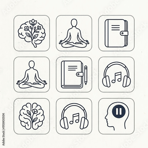 Collection of line icons for mental health and well-being. Includes brain, yoga, diary, music, and pause symbols for mindfulness concepts.Vector illustration