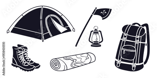 A collection of camping gear including a tent, boots, and a lantern Vector