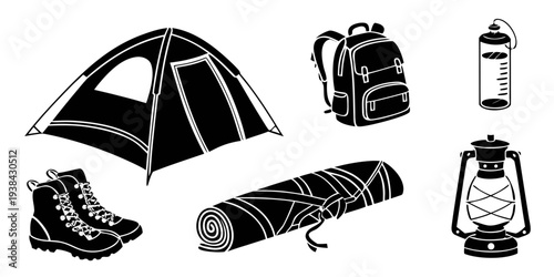 Outdoor camping gear including a tent, sleeping bag, backpack, and more. Vector