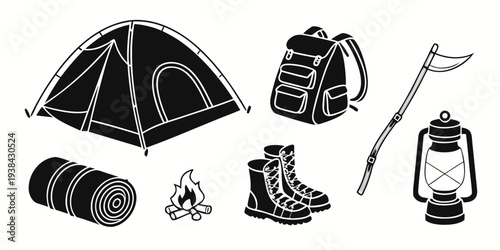 Outdoor camping equipment including tents, sleeping bags, and hiking gear. Vector