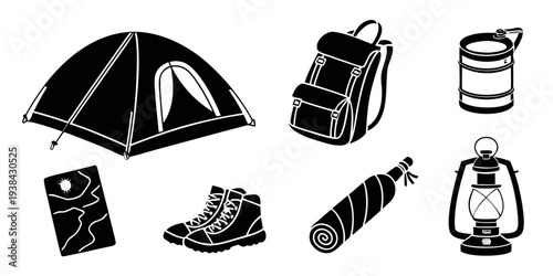 An illustration of various camping gear items arranged together Vector