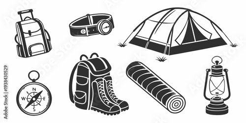 Essential camping gear including tent, backpack, and hiking boots Vector
