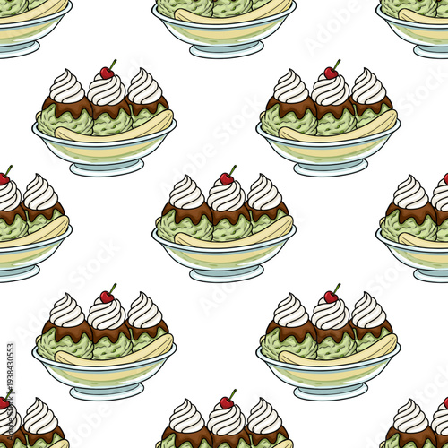 Seamless vector pattern of delicious banana split ice cream sundaes with cherries and whipped cream