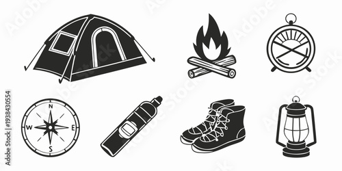 Outdoor adventure symbols representing camping, hiking, and exploration activities Vector