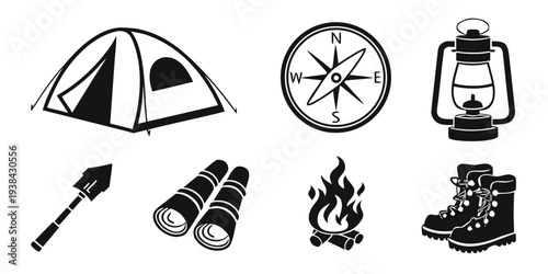 Essential camping gear and tools for outdoor adventures and survival Vector