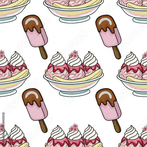 Seamless vector pattern of delicious ice cream sundaes and chocolate-dipped ice pop, perfect for summer treats.