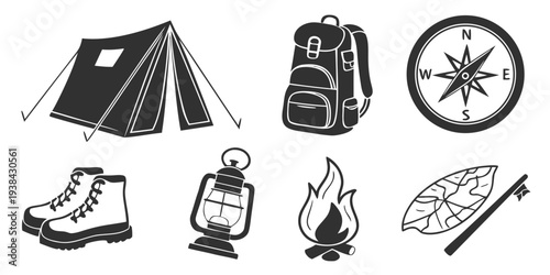 A collection of camping and hiking essentials for outdoor adventures Vector