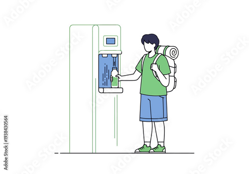 Backpacker fills reusable bottle from water dispenser for outdoor adventure travel hydration concept illustration