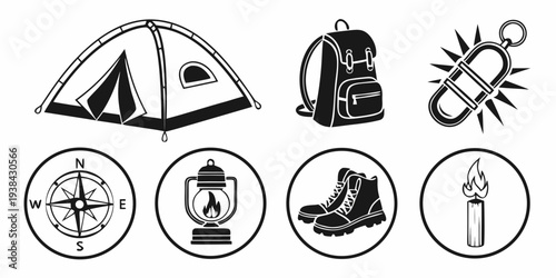 Camping essentials including tent, sleeping bag, and hiking gear Vector