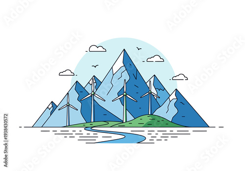 Clean Energy Wind Turbines Powering Mountain Landscape With Flowing River Under Clear Blue Sky and Fluffy Clouds