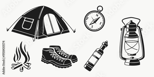 Illustrations of camping equipment including a tent, compass, lantern, and boots Vector