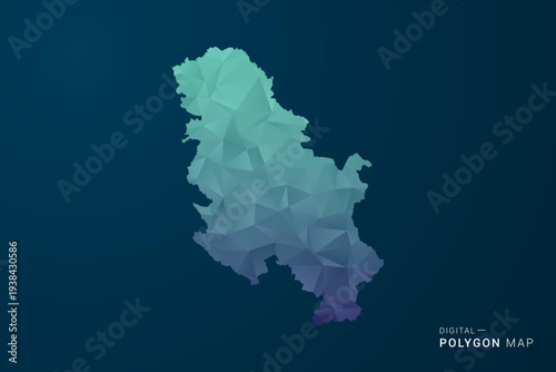 Serbia Map - Polygon Style Vector Illustration with Teal Blue Gradient, Low Poly Geometric Design, Digital and Technology Inspired, Clean Silhouette on Dark Background.