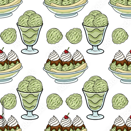 Delicious pistachio ice cream sundae vector pattern, seamless dessert background illustration