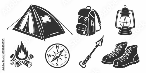 Illustrations of camping equipment and activities including a tent, backpack, and compass. Vector