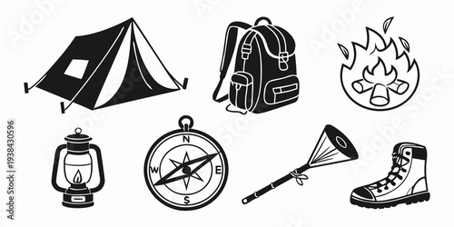 Illustrations of camping equipment and tools for outdoor adventures Vector