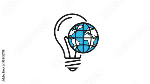 Conceptual illustration of a light bulb combined with a blue globe map symbolizing global ideas, innovation, and worldwide ecology.