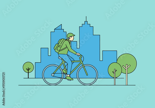 Person riding bicycle through green urban park with city skyline in background healthy lifestyle transportation concept flat design