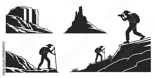 Adventurers exploring diverse landscapes and overcoming challenging terrains Vector