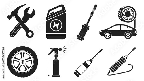 Assorted vehicle maintenance tools and equipment illustrated in black and white Vector