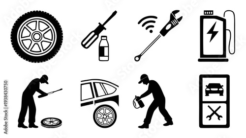 Illustrations of various tools, equipment, and activities related to car maintenance and repair Vector