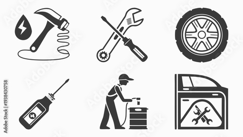 Assorted icons representing various aspects of automotive maintenance and repair Vector