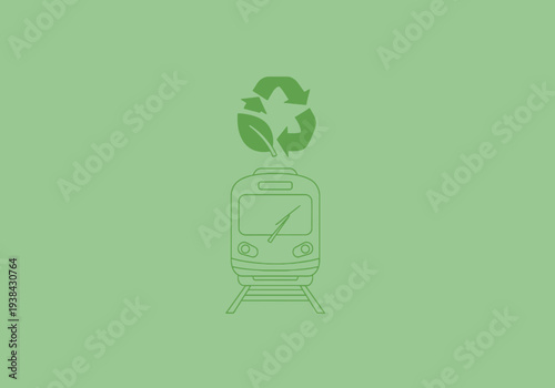 Modern commuter train concept symbolizing green transportation and sustainable travel with environmental recycling symbol and leaf element