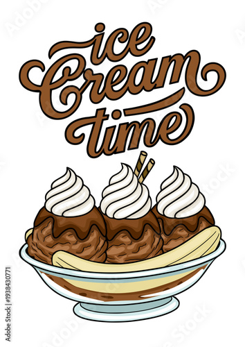 Delicious chocolate ice cream sundae poster vector illustration with text "ice cream time"