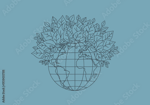 Stylized Planet Earth Illustration Emerging From Dense Green Foliage Against Soft Blue Background Representing Nature Growth And Global Environment