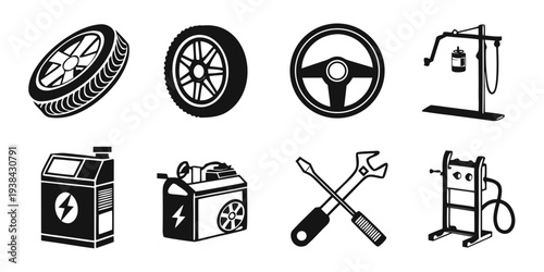 A collection of various automotive and repair tools and equipment icons. Vector